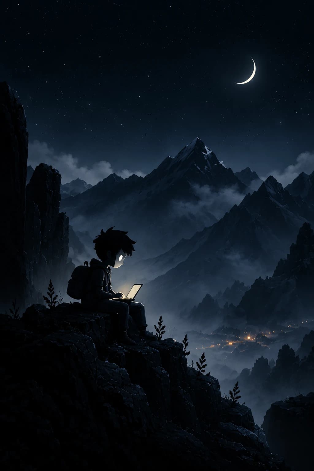 Joven programador trabajando frente a las montañas durante la noche